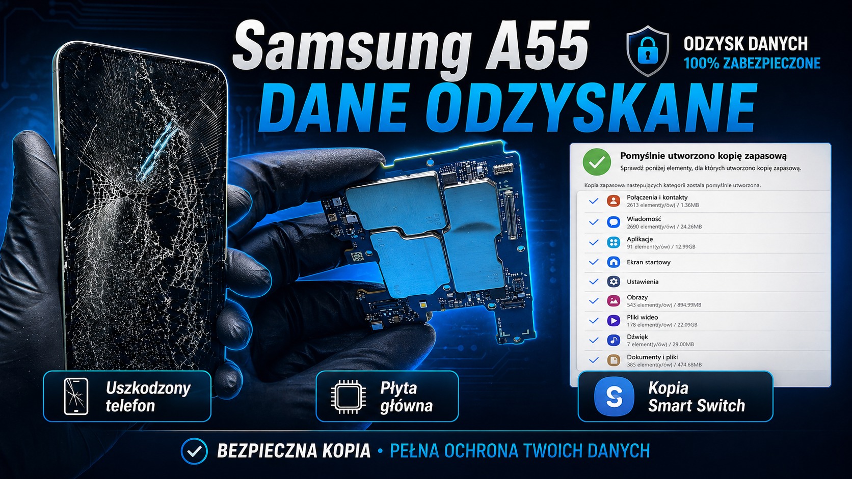 Samsung Galaxy A55 po uszkodzeniu płyty głównej – profesjonalne odzyskiwanie danych z telefonu w laboratorium MM Data Recovery